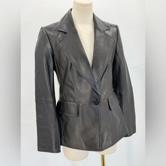 Ellen Tracy Genuine Black Leather Blazer Jacket Tailored Fit Single Button SZ 2 - Picture 10 of 14